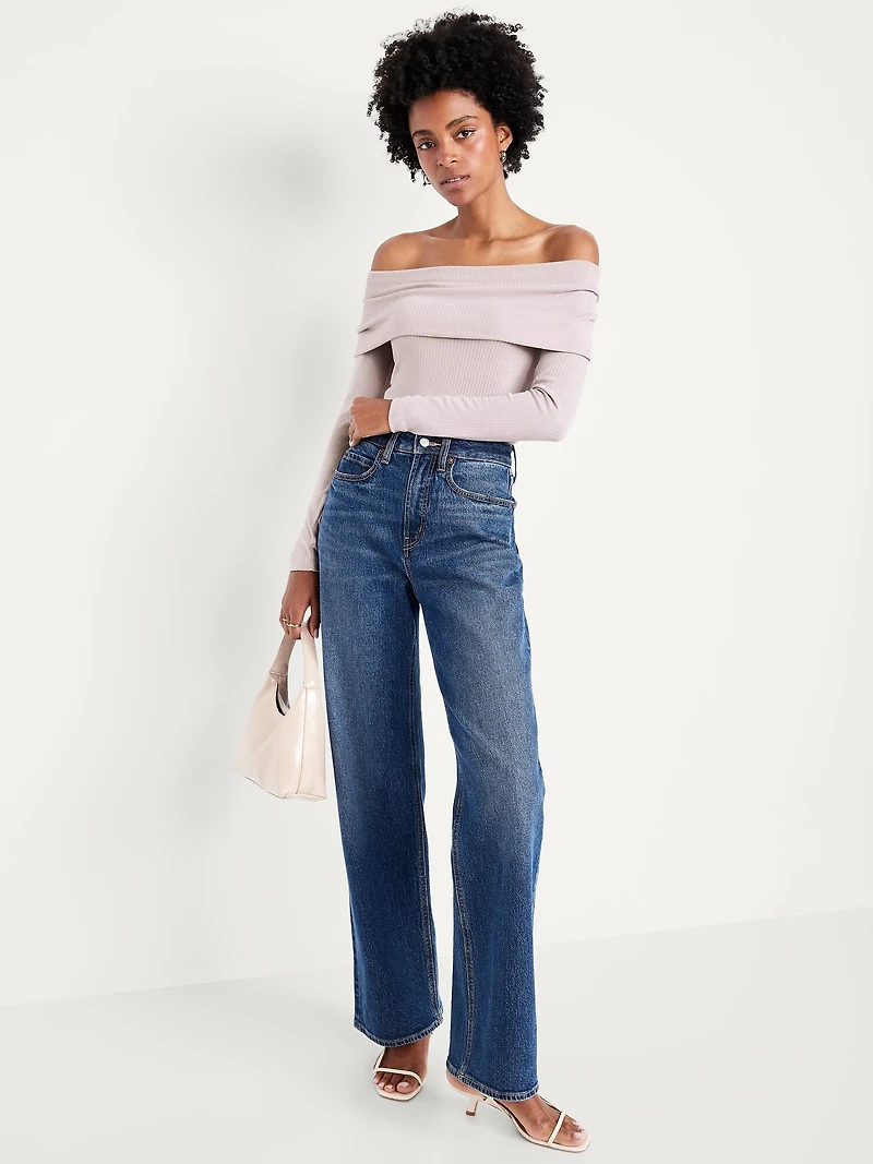 Off-Shoulder Long-Sleeve Ribbed Top