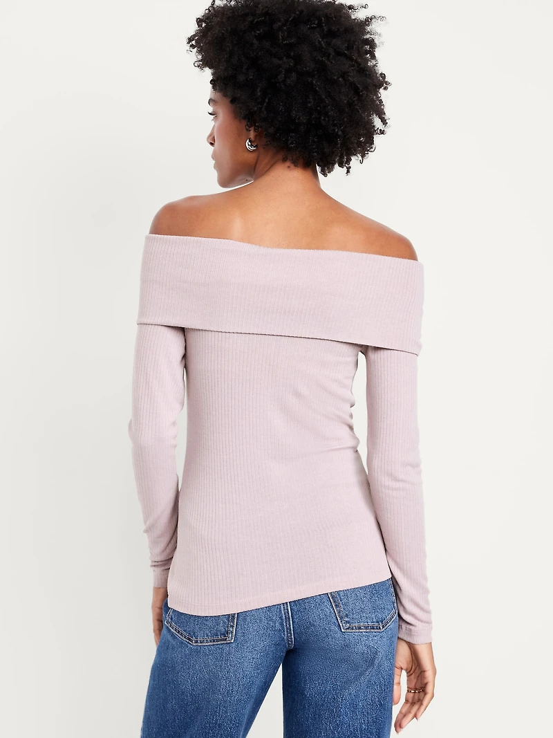 Off-Shoulder Long-Sleeve Ribbed Top