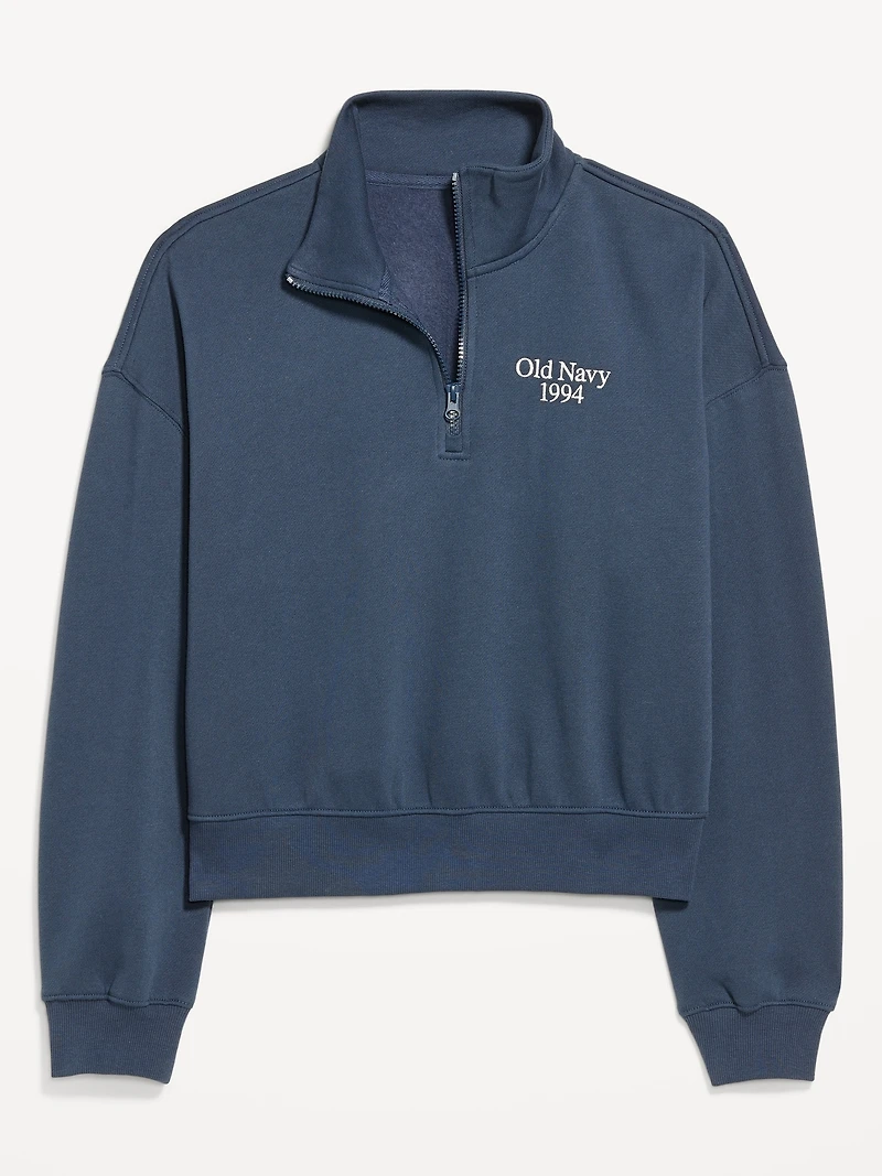 Oversized Logo-Graphic Cropped Half-Zip Pullover