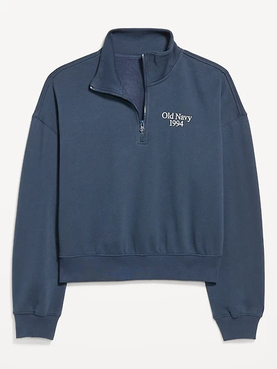 Oversized Logo-Graphic Cropped Half-Zip Pullover
