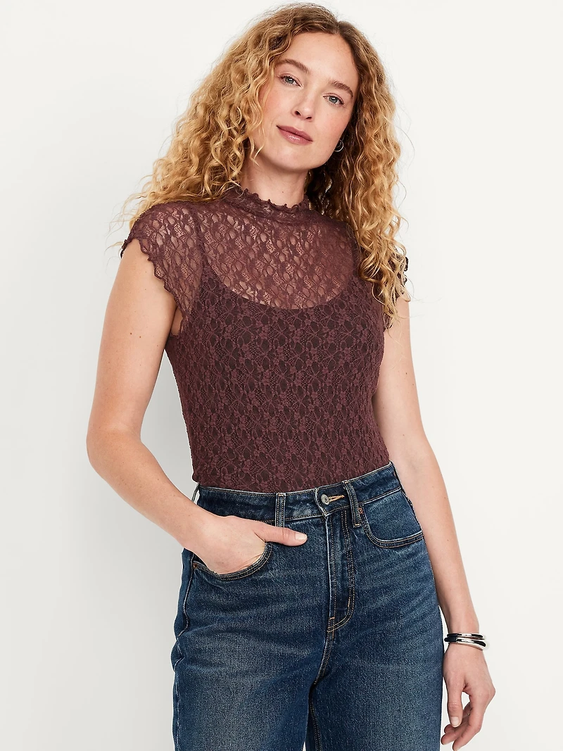 Mock-Neck Lace Top