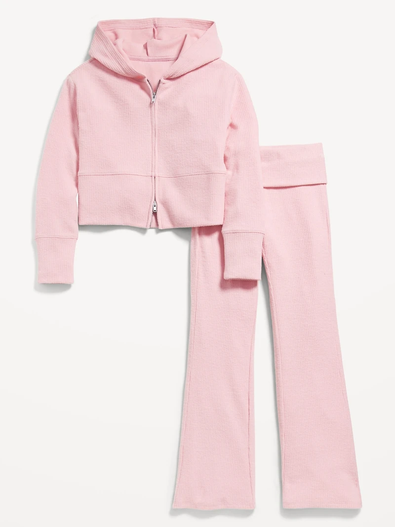 CozePlush Zip Hoodie and Flare-Leg Pants Set for Girls