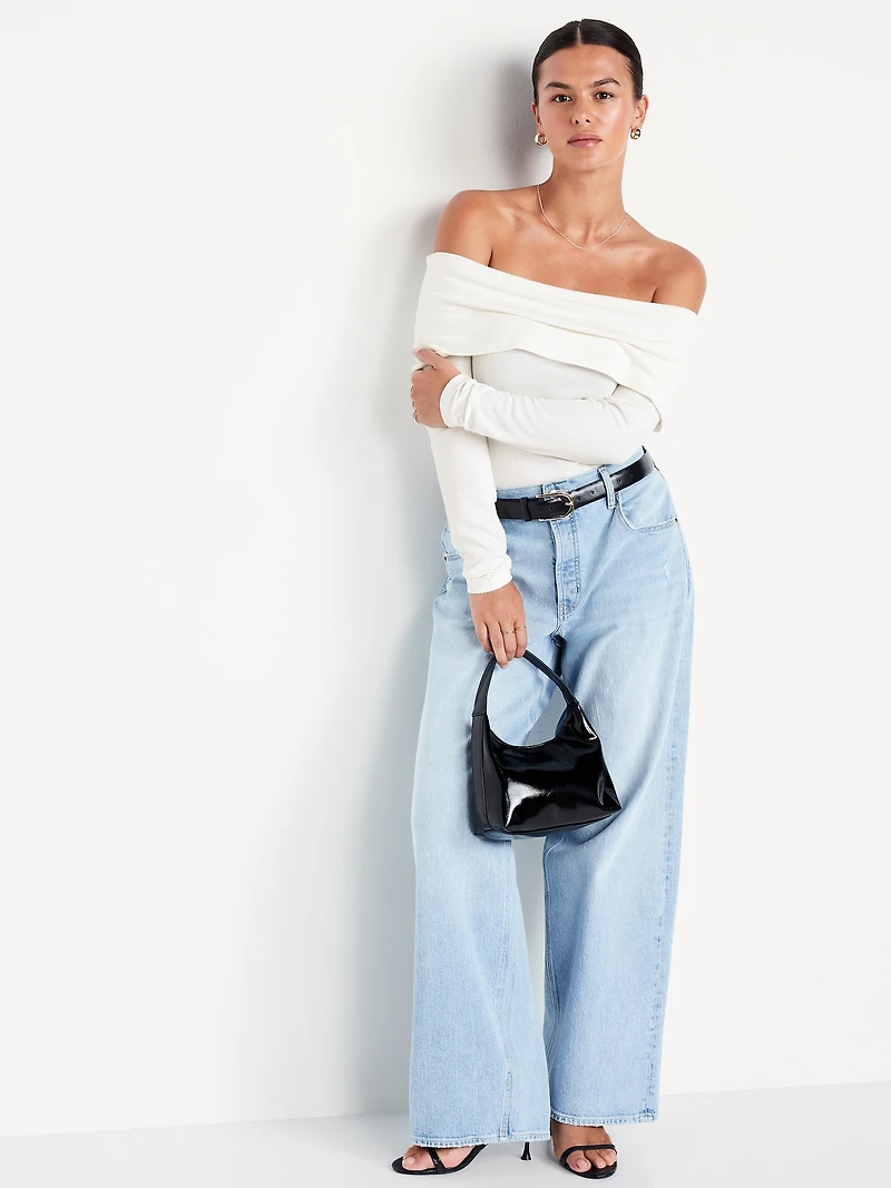 Off-Shoulder Long-Sleeve Ribbed Top