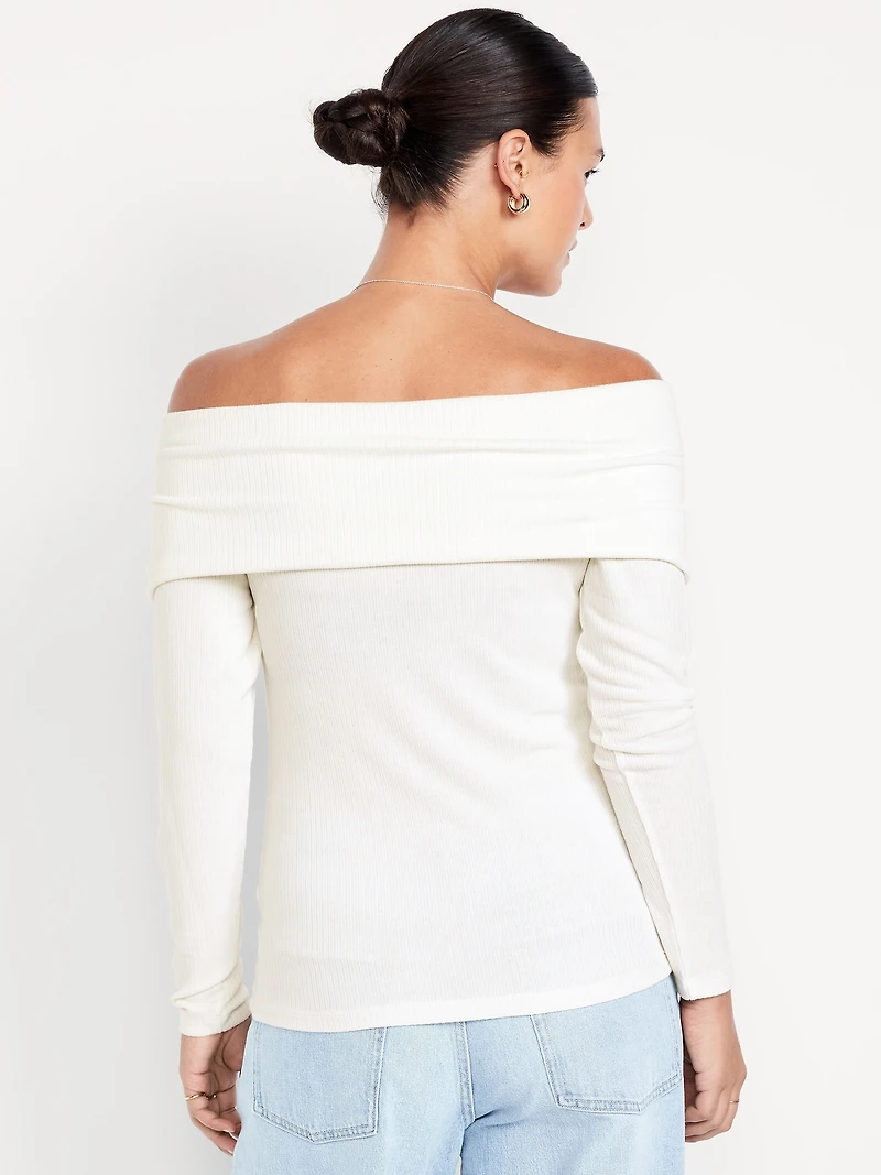 Off-Shoulder Long-Sleeve Ribbed Top
