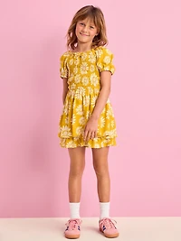 Printed Puff-Sleeve Smocked Dress for Girls
