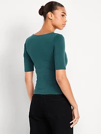 Fitted Double-Layer Elbow-Sleeve Scoop-Neck Top
