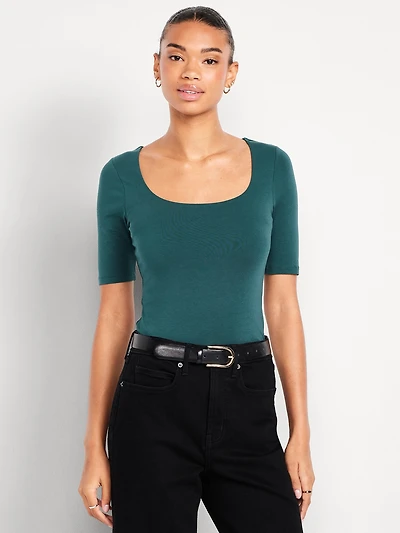 Fitted Double-Layer Elbow-Sleeve Scoop-Neck Top