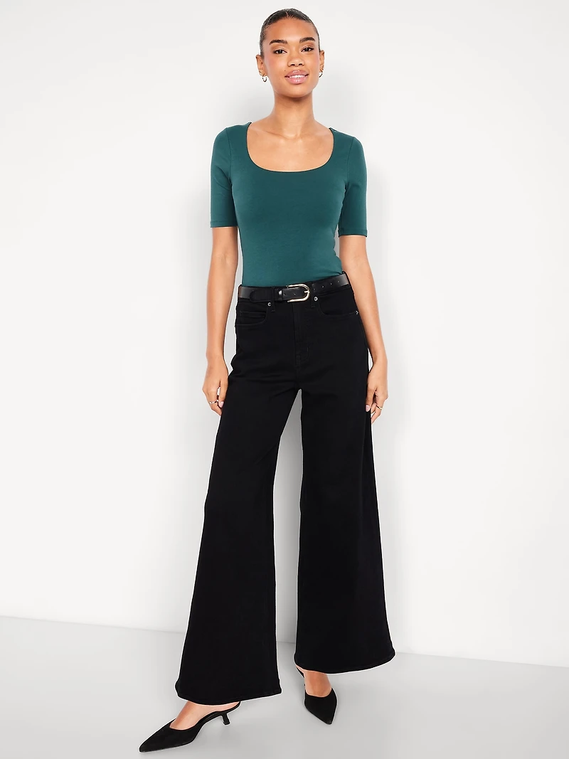 Fitted Double-Layer Elbow-Sleeve Scoop-Neck Top