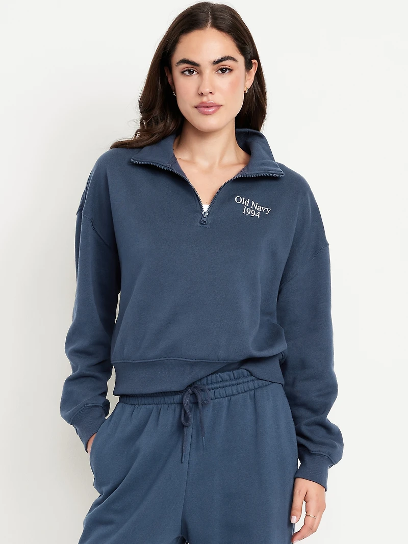 Oversized Logo-Graphic Cropped Half-Zip Pullover