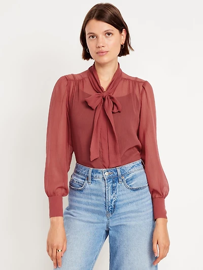Long-Sleeve Tie-Neck Chiffon Top
