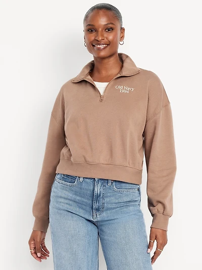 Oversized Logo-Graphic Cropped Half-Zip Pullover