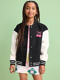 Loose Button-Front Letterman-Style Bomber Jacket for Girls