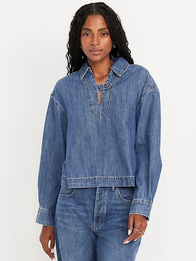 Long-Sleeve Popover Jean Shirt