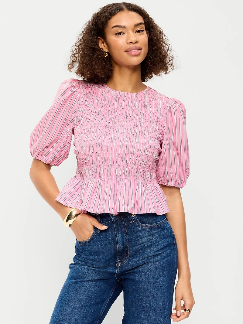 Smocked Puff Sleeve Peplum Top