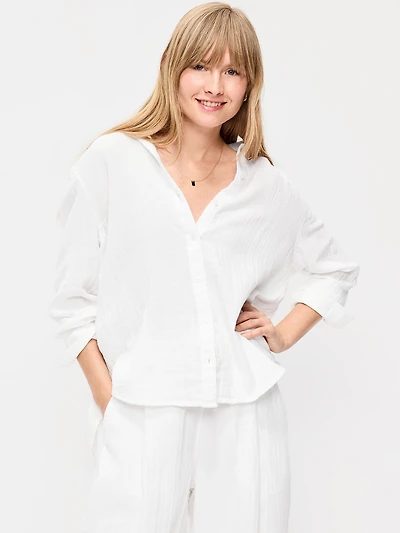 Open-Back Crinkle Gauze Button-Down Shirt