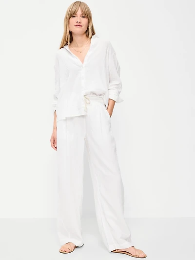 High-Waisted Crinkle Gauze Barrel Ankle Pants