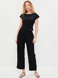 High-Waisted Linen-Blend Straight Ankle Pants
