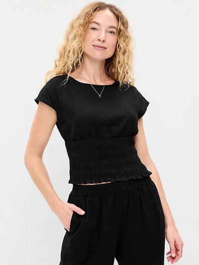 Linen-Blend Short-Sleeve Smocked Top