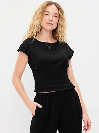 Linen-Blend Short-Sleeve Smocked Top