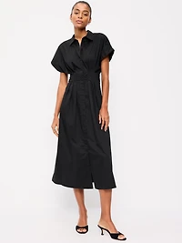 Pintuck-Waist Midi Shirt Dress