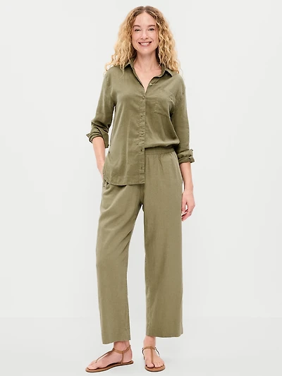 High-Waisted Linen-Blend Straight Ankle Pants