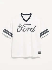 Licensed Graphic Cropped Mesh V-Neck T-Shirt