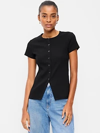 Short-Sleeve Ribbed Button-Down Top