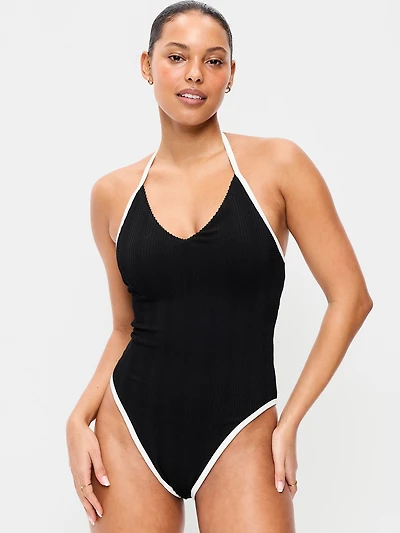 Ribbed V-Neck Halter One-Piece Swimsuit