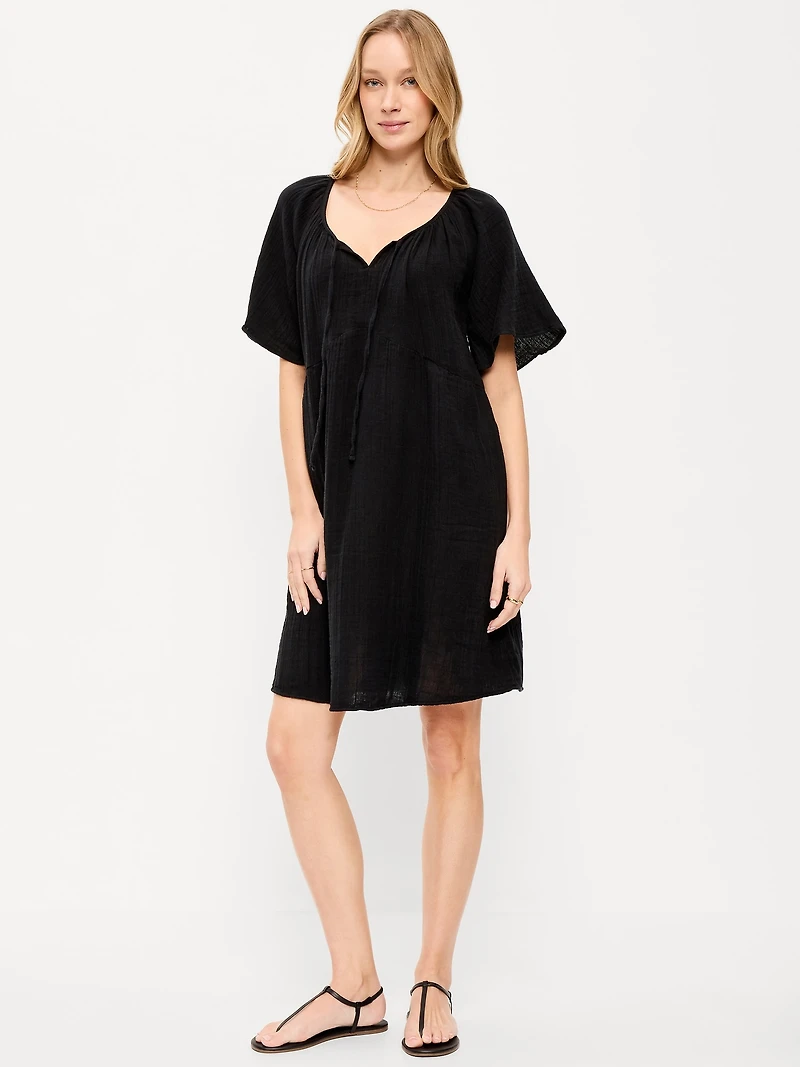 Crinkle Gauze Flutter-Sleeve Mini Swing Dress