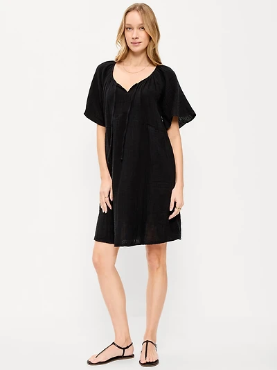 Crinkle Gauze Flutter-Sleeve Mini Swing Dress