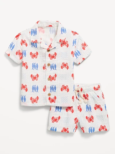 Printed Double-Weave Shirt and Shorts Set for Baby