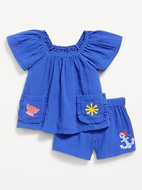Short-Sleeve Double-Weave Top and Shorts Set for Toddler Girls