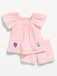 Short-Sleeve Double-Weave Top and Shorts Set for Toddler Girls