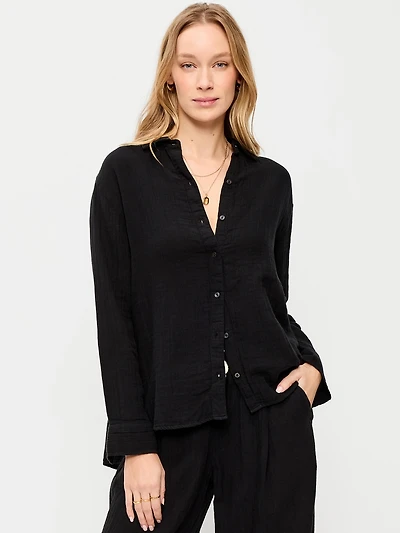 Open-Back Crinkle Gauze Button-Down Shirt