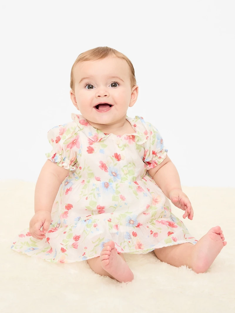 Printed Puff-Sleeve Tiered Swing Dress for Baby
