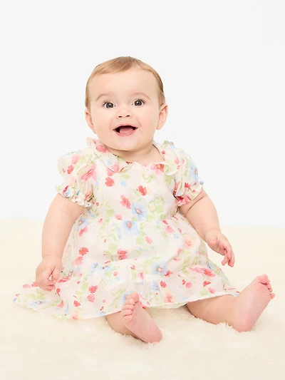 Printed Puff-Sleeve Tiered Swing Dress for Baby