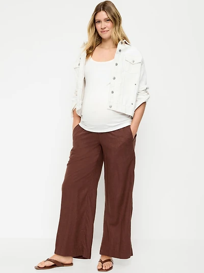 Pantalon de maternité à jambe ultra-large en mélange lin avec taille rabattable