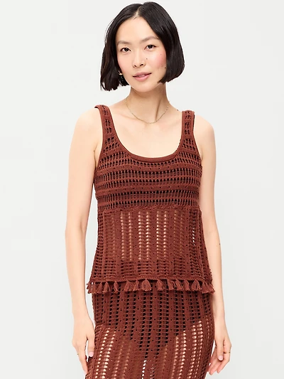 Open-Weave Seaside Cotton Fringe Tank Top