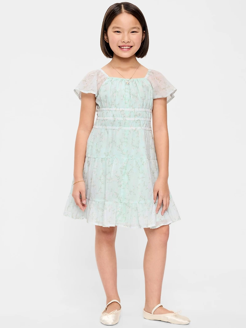Fit and Flare Crinkle Gauze Tiered Dress for Girls