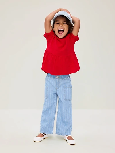Pull-On Baggy Striped Wide-Leg Cargo Jeans for Toddler Girls