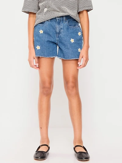 High-Waisted Embroidered Frayed-Hem Jean Shorts for Girls
