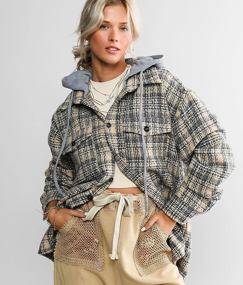 Hooded Plaid Tweed Shacket