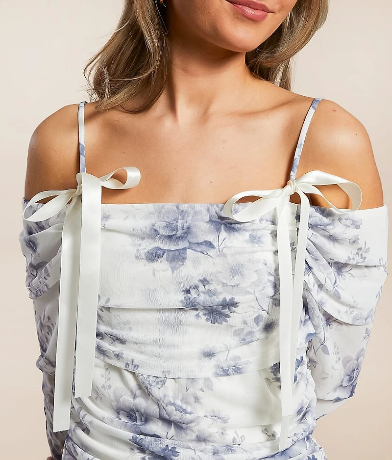 Floral Mesh Ruched Top
