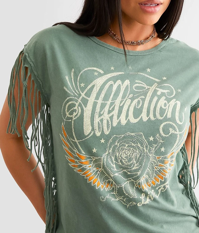 American Customs Rose Wings Fringe T-Shirt
