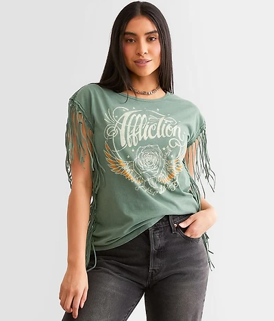 American Customs Rose Wings Fringe T-Shirt