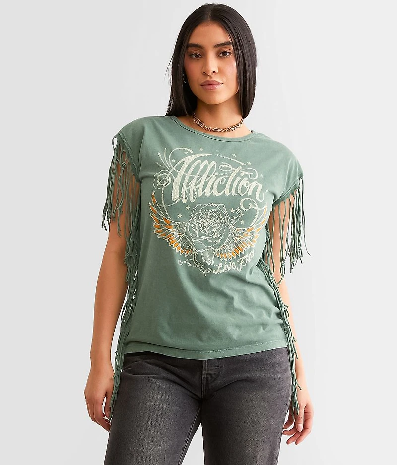 American Customs Rose Wings Fringe T-Shirt