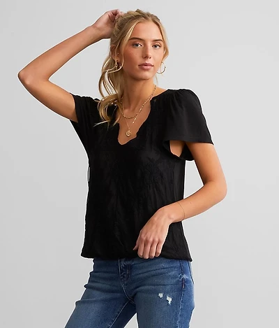 Embroidered Mesh Overlay Top