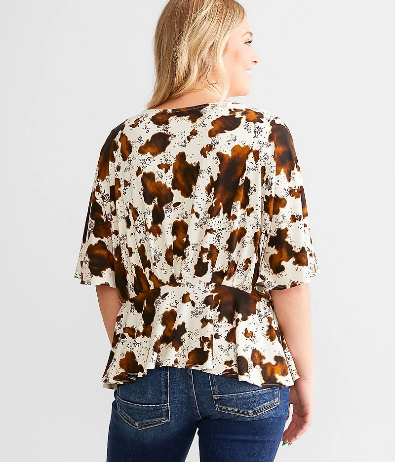 Cow Print Split Peplum Top