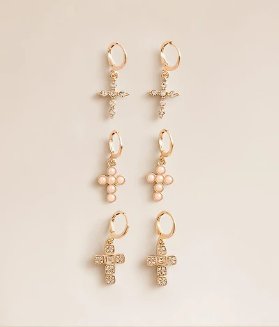 3 Pack Glitz Cross Earring Set