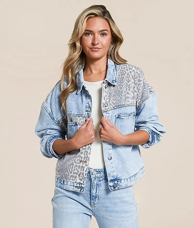 Simple Love Pieced Cheetah Denim Jacket